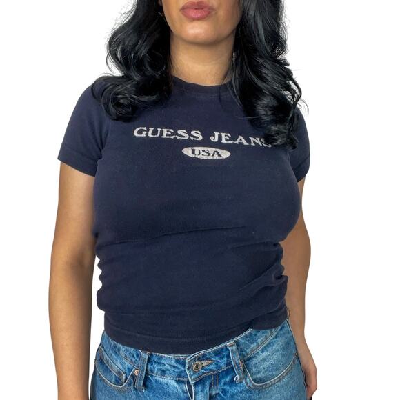 1990s Vintage Guess Navy Blue Crewneck Logo Graphic T-Shirt Baby Tee - Picture 1 of 6